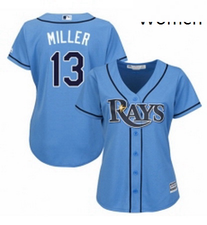 Womens Majestic Tampa Bay Rays 13 Brad Miller Authentic Light Blue Alternate 2 Cool Base MLB Jersey