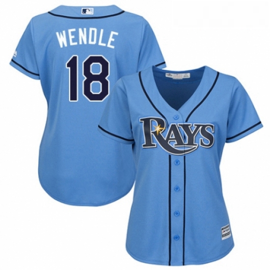 Womens Majestic Tampa Bay Rays 18 Joey Wendle Authentic Light Blue Alternate 2 Cool Base MLB Jersey