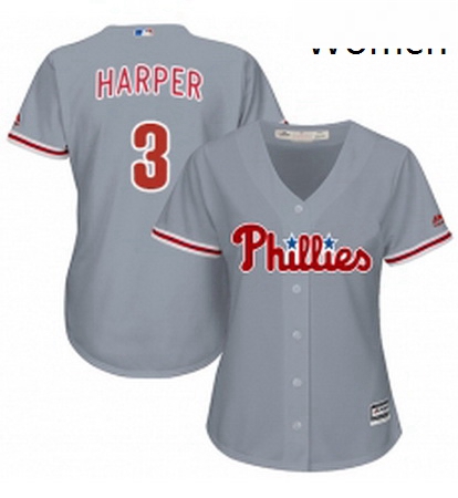 Womens Philadelphia Phillies 3 Bryce Harper Grey Road Stitched MLB Jersey