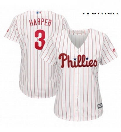 Womens Philadelphia Phillies 3 Bryce Harper Majestic WhiteRed Strip Home Cool Base Replica Player Je