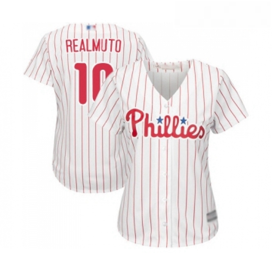 Womens Philadelphia Phillies 10 J T Realmuto Replica White Red Strip Home Cool Base Baseball Jersey