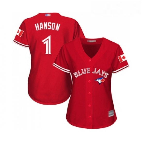 Womens Toronto Blue Jays 1 Alen Hanson Replica Scarlet Alternate Baseball Jersey