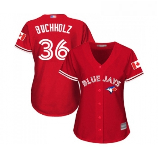 Womens Toronto Blue Jays 36 Clay Buchholz Replica Scarlet Alternate Baseball Jersey