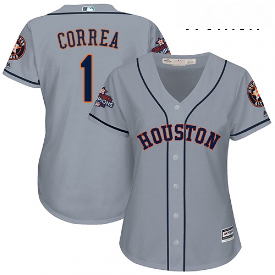 Womens Majestic Houston Astros 1 Carlos Correa Authentic Grey Road 2017 World Series Champions Cool 