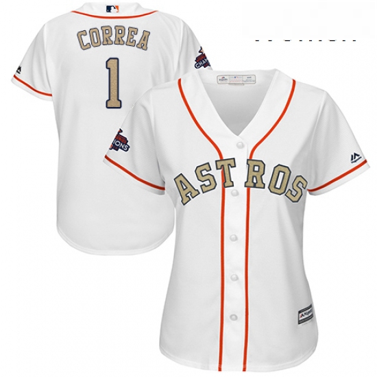 Womens Majestic Houston Astros 1 Carlos Correa Authentic White 2018 Gold Program Cool Base MLB Jerse