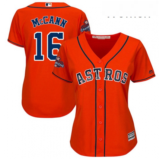 Womens Majestic Houston Astros 16 Brian McCann Replica Orange Alternate 2017 World Series Champions 