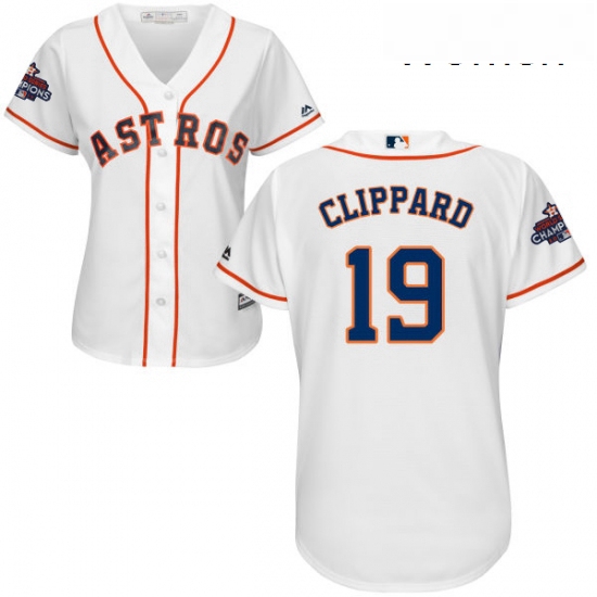 Womens Majestic Houston Astros 19 Tyler Clippard Authentic White Home 2017 World Series Champions Co