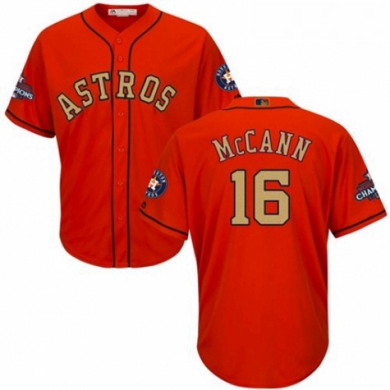 Youth Majestic Houston Astros 16 Brian McCann Authentic Orange Alternate 2018 Gold Program Cool Base