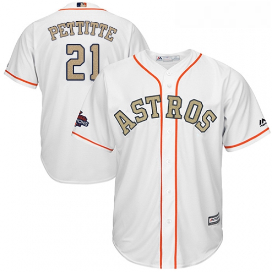 Youth Majestic Houston Astros 21 Andy Pettitte Authentic White 2018 Gold Program Cool Base MLB Jerse