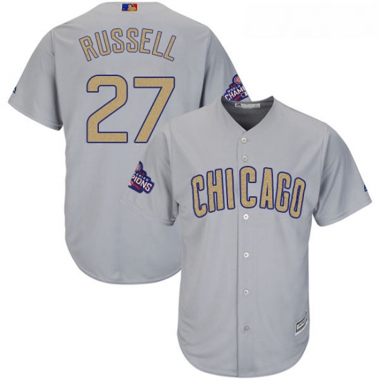 Youth Majestic Chicago Cubs 27 Addison Russell Authentic Gray 2017 Gold Champion Cool Base MLB Jerse