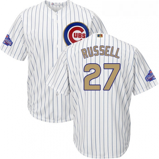 Youth Majestic Chicago Cubs 27 Addison Russell Authentic White 2017 Gold Program Cool Base MLB Jerse