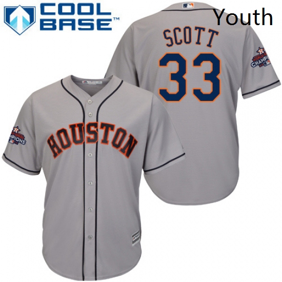 Youth Majestic Houston Astros 33 Mike Scott Replica Grey Road 2017 World Series Champions Cool Base 