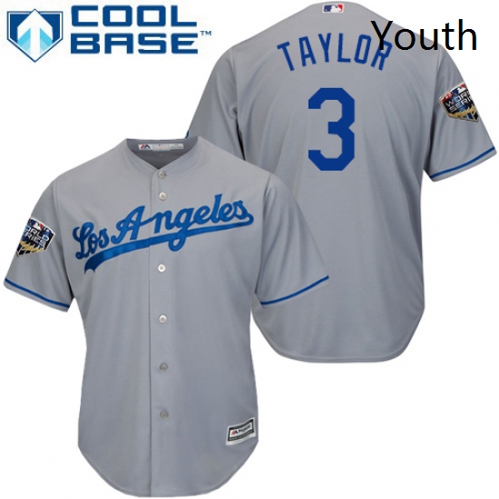 Youth Majestic Los Angeles Dodgers 3 Chris Taylor Authentic Grey Road Cool Base 2018 World Series ML