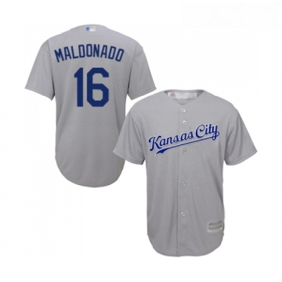 Youth Kansas City Royals 16 Martin Maldonado Replica Grey Road Cool Base Baseball Jersey