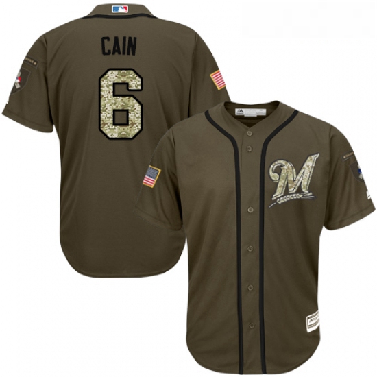 Youth Majestic Milwaukee Brewers 6 Lorenzo Cain Replica Green Salute to Service MLB Jersey