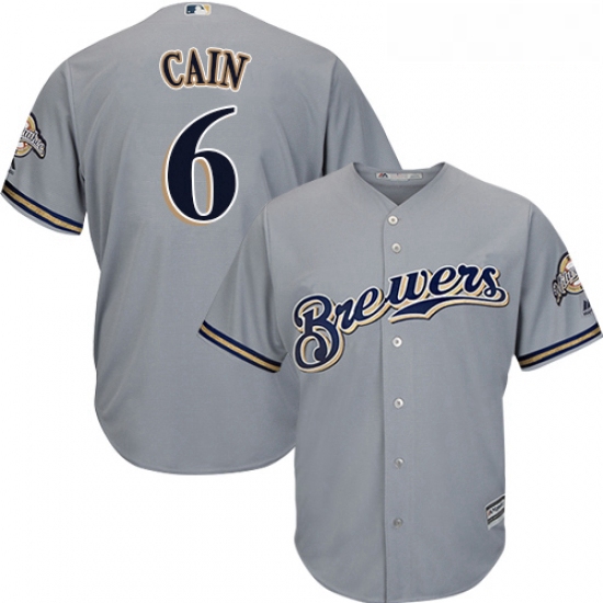 Youth Majestic Milwaukee Brewers 6 Lorenzo Cain Replica Grey Road Cool Base MLB Jersey