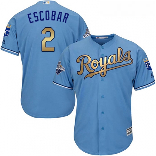 Youth Majestic Kansas City Royals 2 Alcides Escobar Authentic Light Blue 2015 World Series Champions