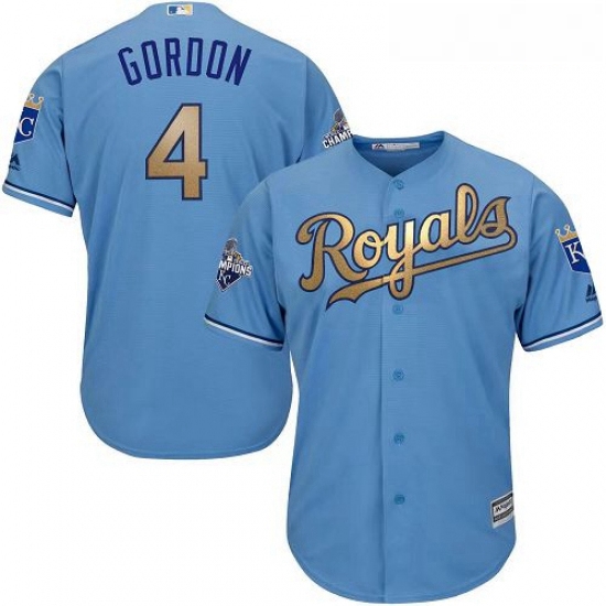 Youth Majestic Kansas City Royals 4 Alex Gordon Authentic Light Blue 2015 World Series Champions Gol