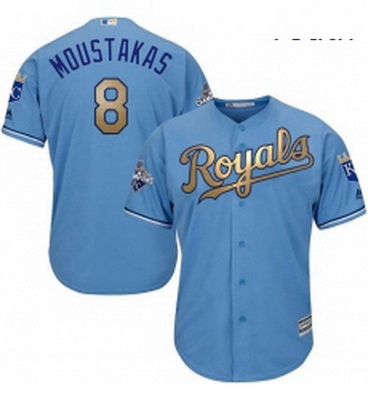 Youth Majestic Kansas City Royals 8 Mike Moustakas Authentic Light Blue 2015 World Series Champions 