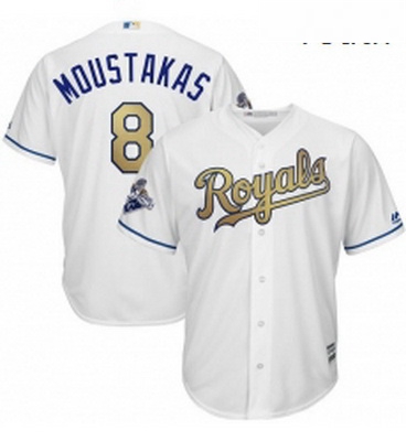 Youth Majestic Kansas City Royals 8 Mike Moustakas Authentic White 2015 World Series Champions Gold 