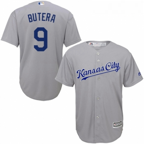 Youth Majestic Kansas City Royals 9 Drew Butera Replica Grey Road Cool Base MLB Jersey