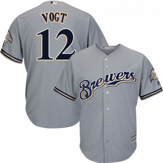 Youth Majestic Milwaukee Brewers 12 Stephen Vogt Authentic Grey Road Cool Base MLB Jersey