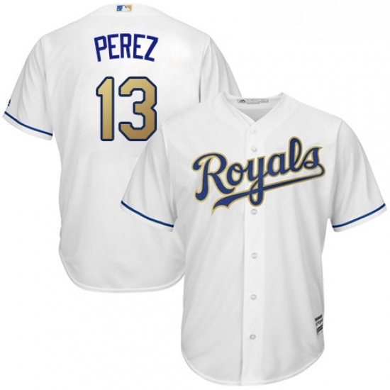 Youth Majestic Kansas City Royals 13 Salvador Perez Authentic White Home Cool Base MLB Jersey