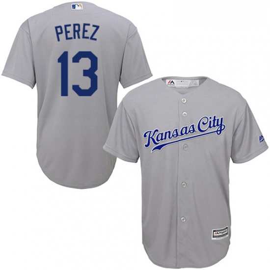 Youth Majestic Kansas City Royals 13 Salvador Perez Replica Grey Road Cool Base MLB Jersey