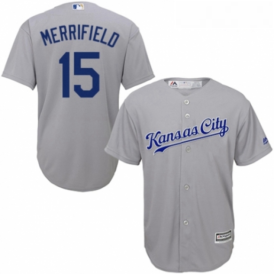 Youth Majestic Kansas City Royals 15 Whit Merrifield Authentic Grey Road Cool Base MLB Jersey