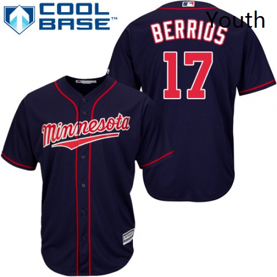 Youth Majestic Minnesota Twins 17 Jose Berrios Authentic Navy Blue Alternate Road Cool Base MLB Jers