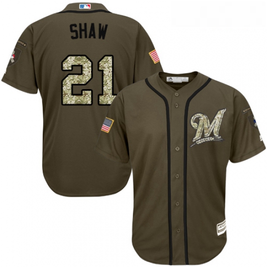 Youth Majestic Milwaukee Brewers 21 Travis Shaw Replica Green Salute to Service MLB Jersey