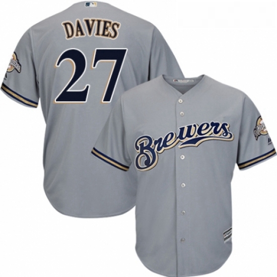 Youth Majestic Milwaukee Brewers 27 Zach Davies Authentic Grey Road Cool Base MLB Jersey