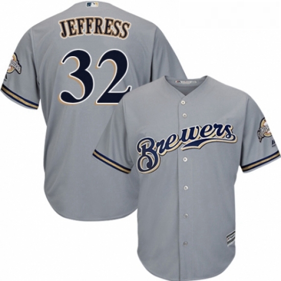 Youth Majestic Milwaukee Brewers 32 Jeremy Jeffress Replica Grey Road Cool Base MLB Jersey