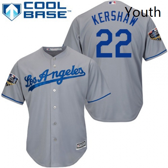 Youth Majestic Los Angeles Dodgers 22 Clayton Kershaw Authentic Grey Road Cool Base 2018 World Serie