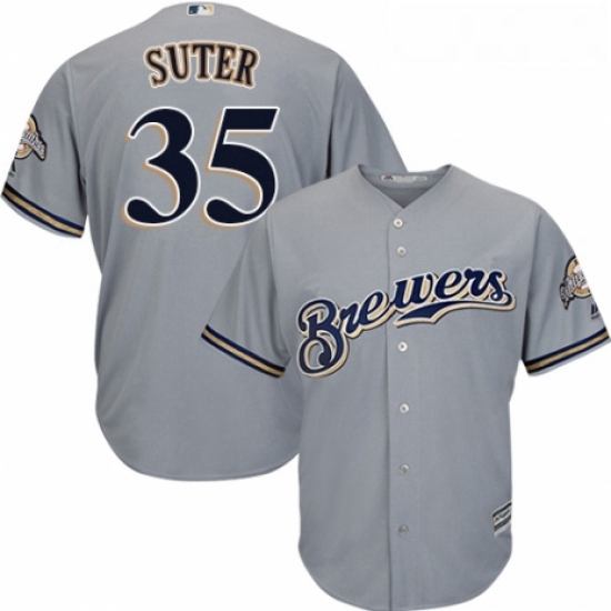 Youth Majestic Milwaukee Brewers 35 Brent Suter Replica Grey Road Cool Base MLB Jersey