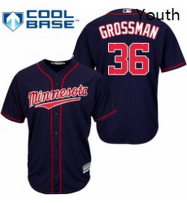 Youth Majestic Minnesota Twins 36 Robbie Grossman Replica Navy Blue Alternate Road Cool Base MLB Jer