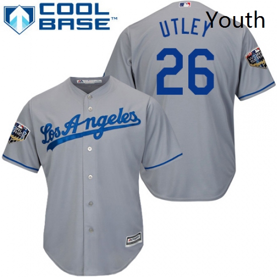 Youth Majestic Los Angeles Dodgers 26 Chase Utley Authentic Grey Road Cool Base 2018 World Series ML