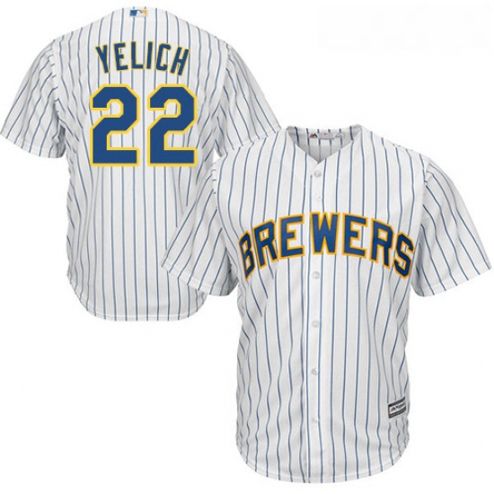 Youth Milwaukee Brewers 22 Christian Yelich White Strip Cool Base Stitched MLB Jersey