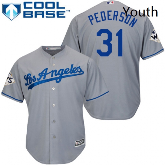 Youth Majestic Los Angeles Dodgers 31 Joc Pederson Replica Grey Road 2017 World Series Bound Cool Ba