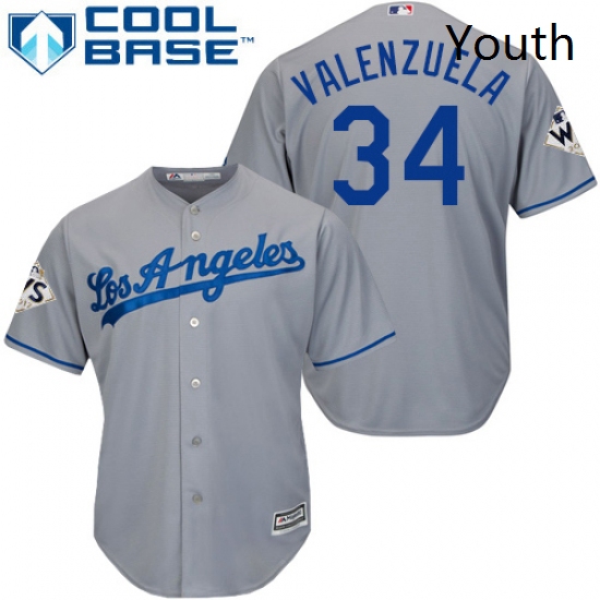 Youth Majestic Los Angeles Dodgers 34 Fernando Valenzuela Authentic Grey Road 2017 World Series Boun