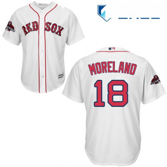 Youth Majestic Boston Red Sox 18 Mitch Moreland Authentic White Home Cool Base 2018 World Series Cha