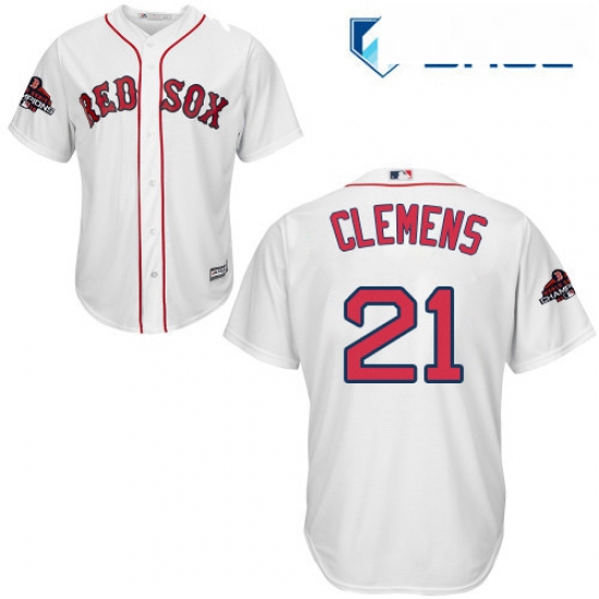 Youth Majestic Boston Red Sox 21 Roger Clemens Authentic White Home Cool Base 2018 World Series Cham