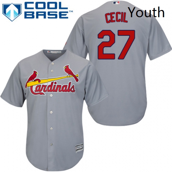 Youth Majestic St Louis Cardinals 27 Brett Cecil Replica Grey Road Cool Base MLB Jersey