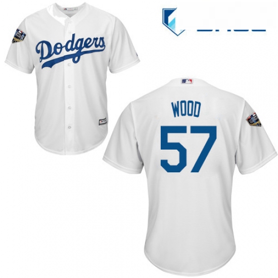 Youth Majestic Los Angeles Dodgers 57 Alex Wood Authentic White Home Cool Base 2018 World Series MLB