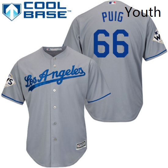 Youth Majestic Los Angeles Dodgers 66 Yasiel Puig Authentic Grey Road 2017 World Series Bound Cool B