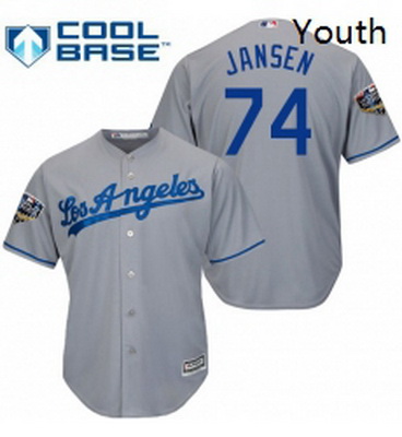 Youth Majestic Los Angeles Dodgers 74 Kenley Jansen Authentic Grey Road Cool Base 2018 World Series 