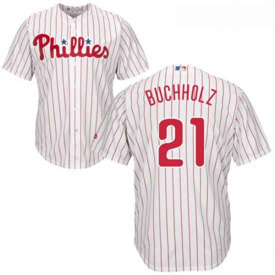 Youth Majestic Philadelphia Phillies 21 Clay Buchholz Replica WhiteRed Strip Home Cool Base MLB Jers