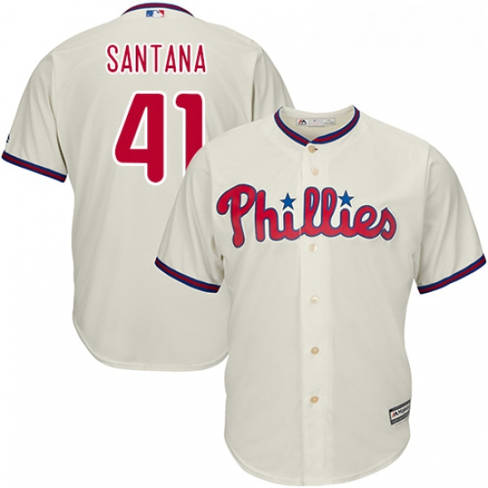 Youth Majestic Philadelphia Phillies 41 Carlos Santana Authentic Cream Alternate Cool Base MLB Jerse