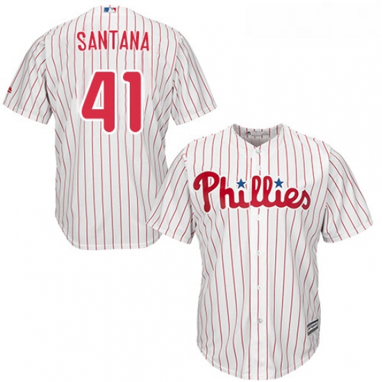 Youth Majestic Philadelphia Phillies 41 Carlos Santana Replica WhiteRed Strip Home Cool Base MLB Jer