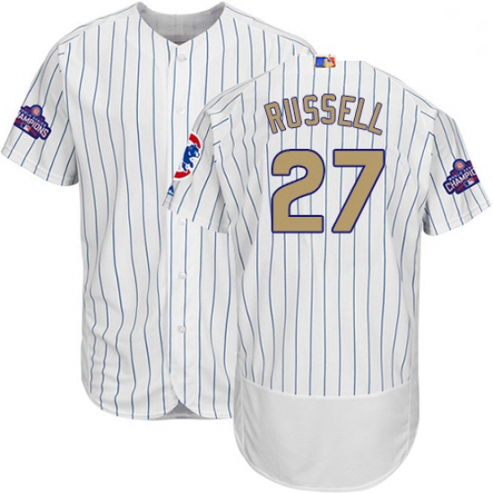 Mens Majestic Chicago Cubs 27 Addison Russell Authentic White 2017 Gold Program Flex Base MLB Jersey